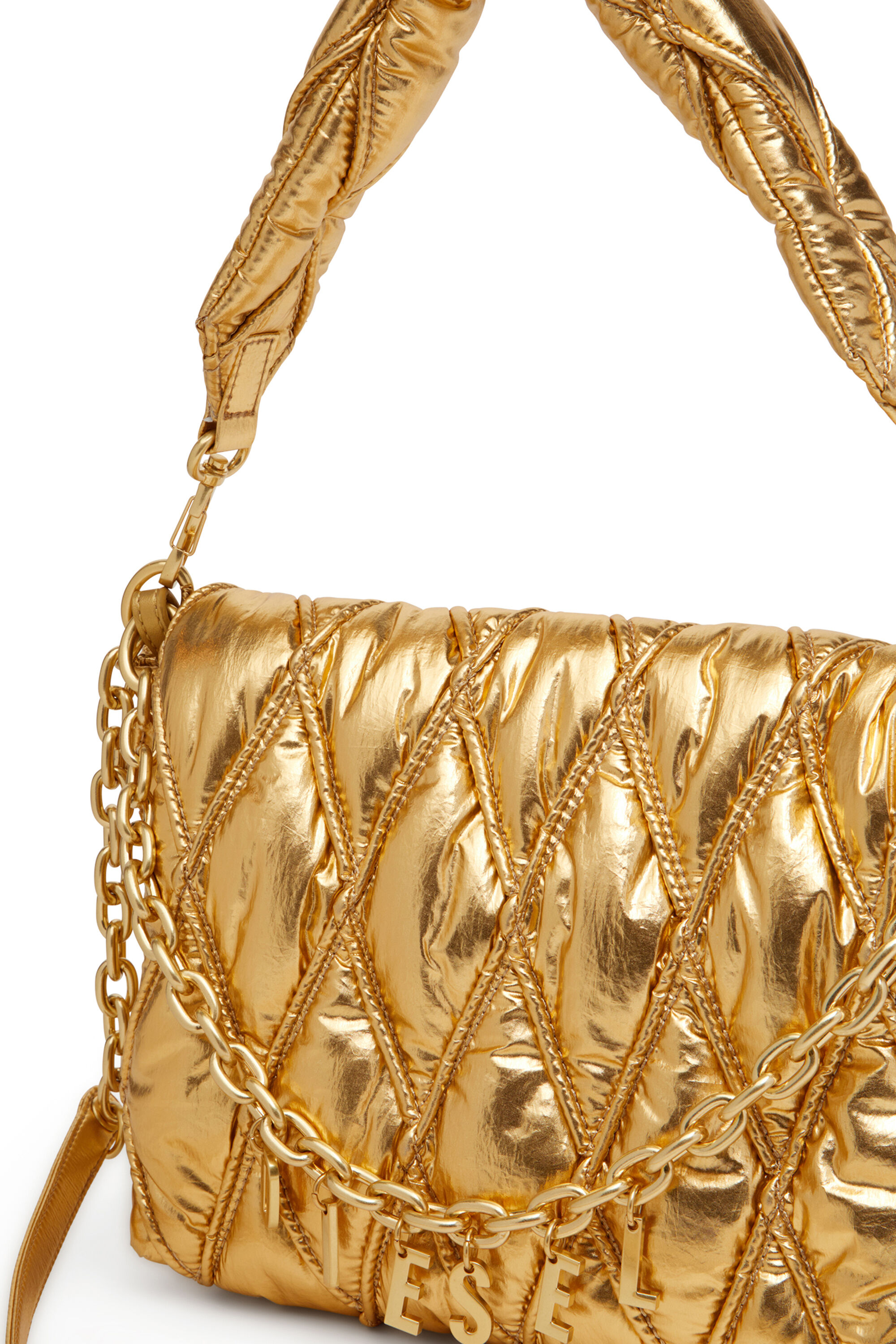 Diesel - CHARM-D SHOULDER M, Woman's Charm-D M-Shoulder bag in quilted metallic nylon in Gold - 2