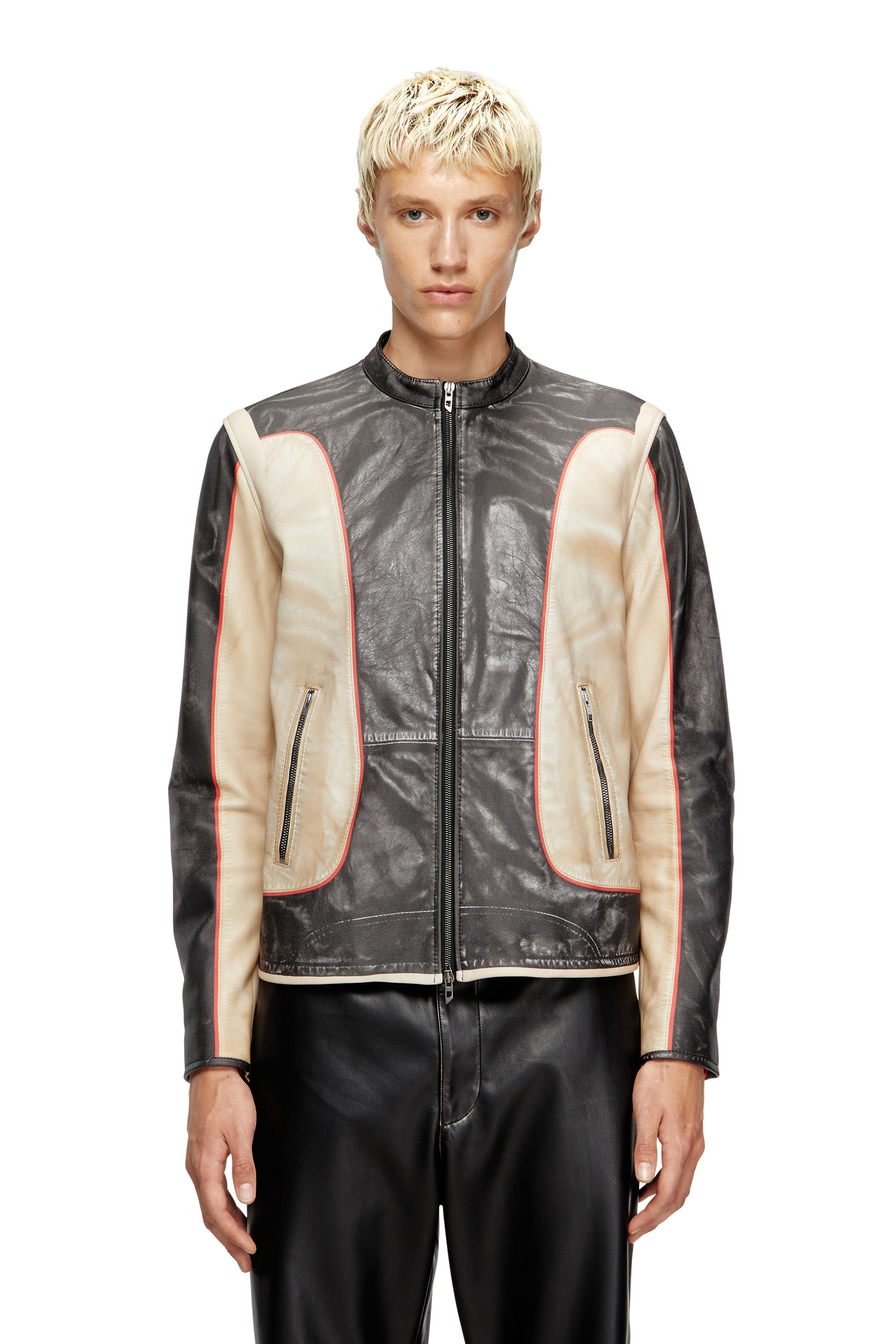 Diesel - L-EVERT, Man's Trompe l'oeil-effect leather biker jacket in Beige/Black - 1
