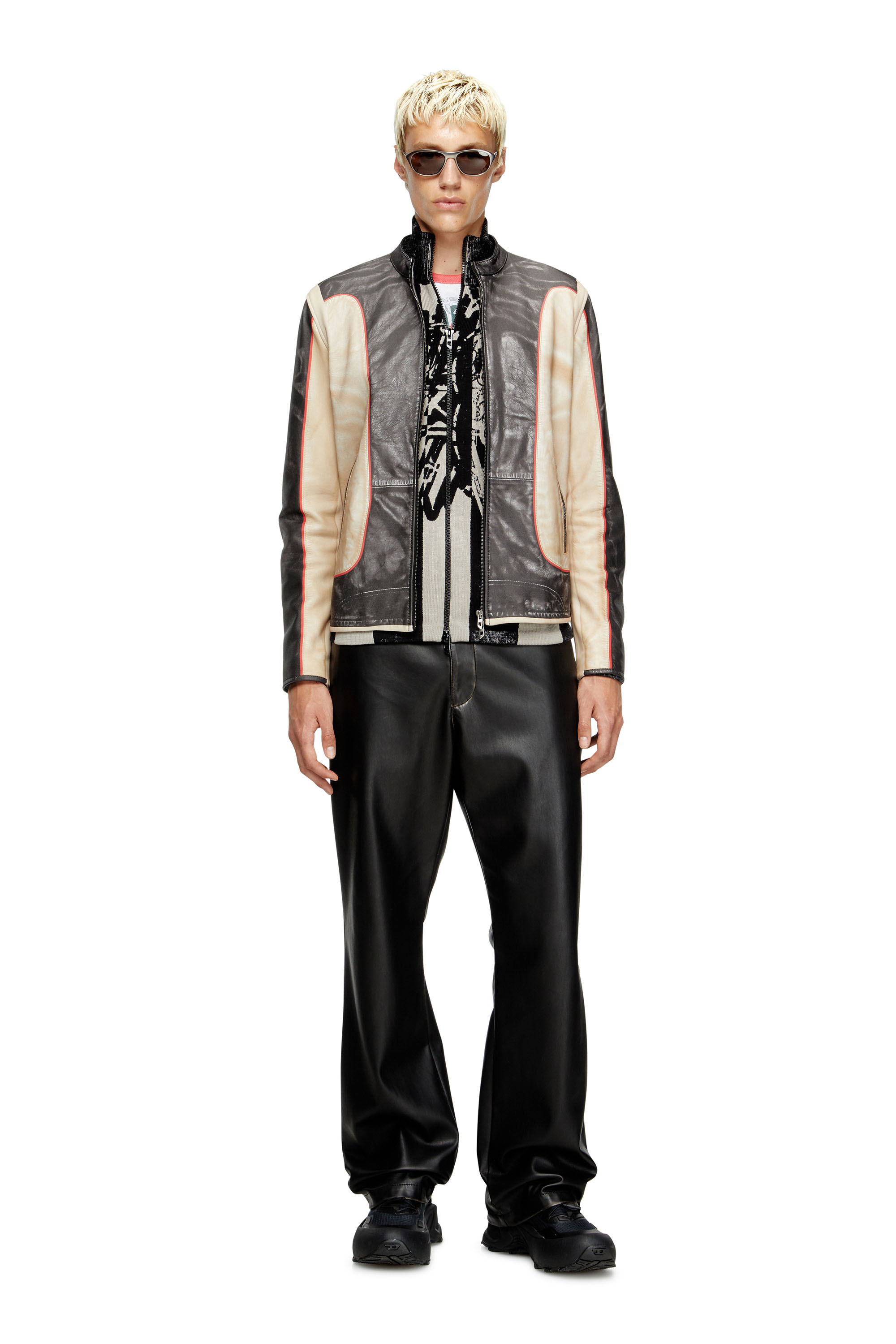 Diesel - L-EVERT, Man's Trompe l'oeil-effect leather biker jacket in Beige/Black - 2