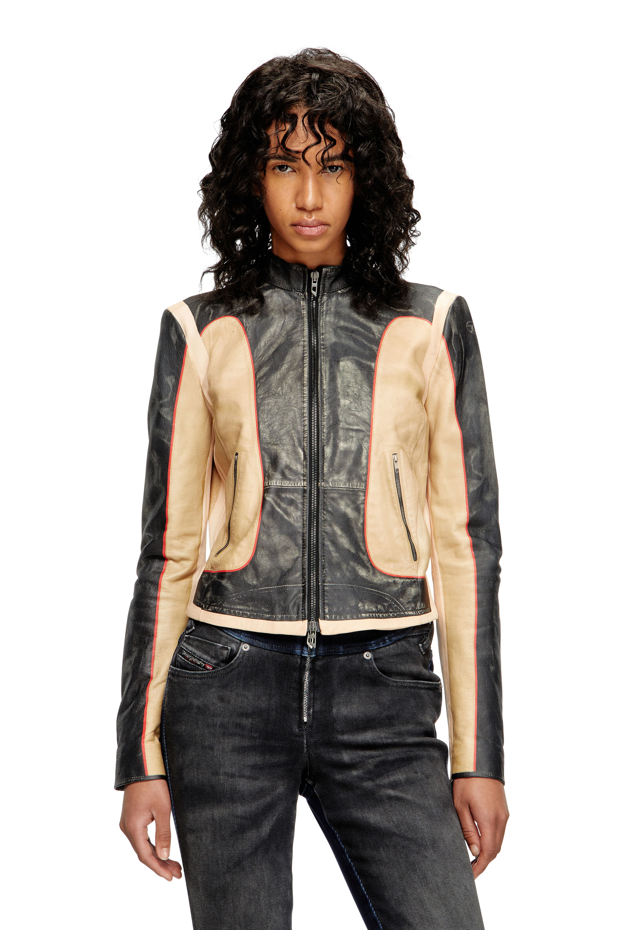 Diesel - L-OONIE, Woman's Trompe l'oeil-effect leather biker jacket in null - 1