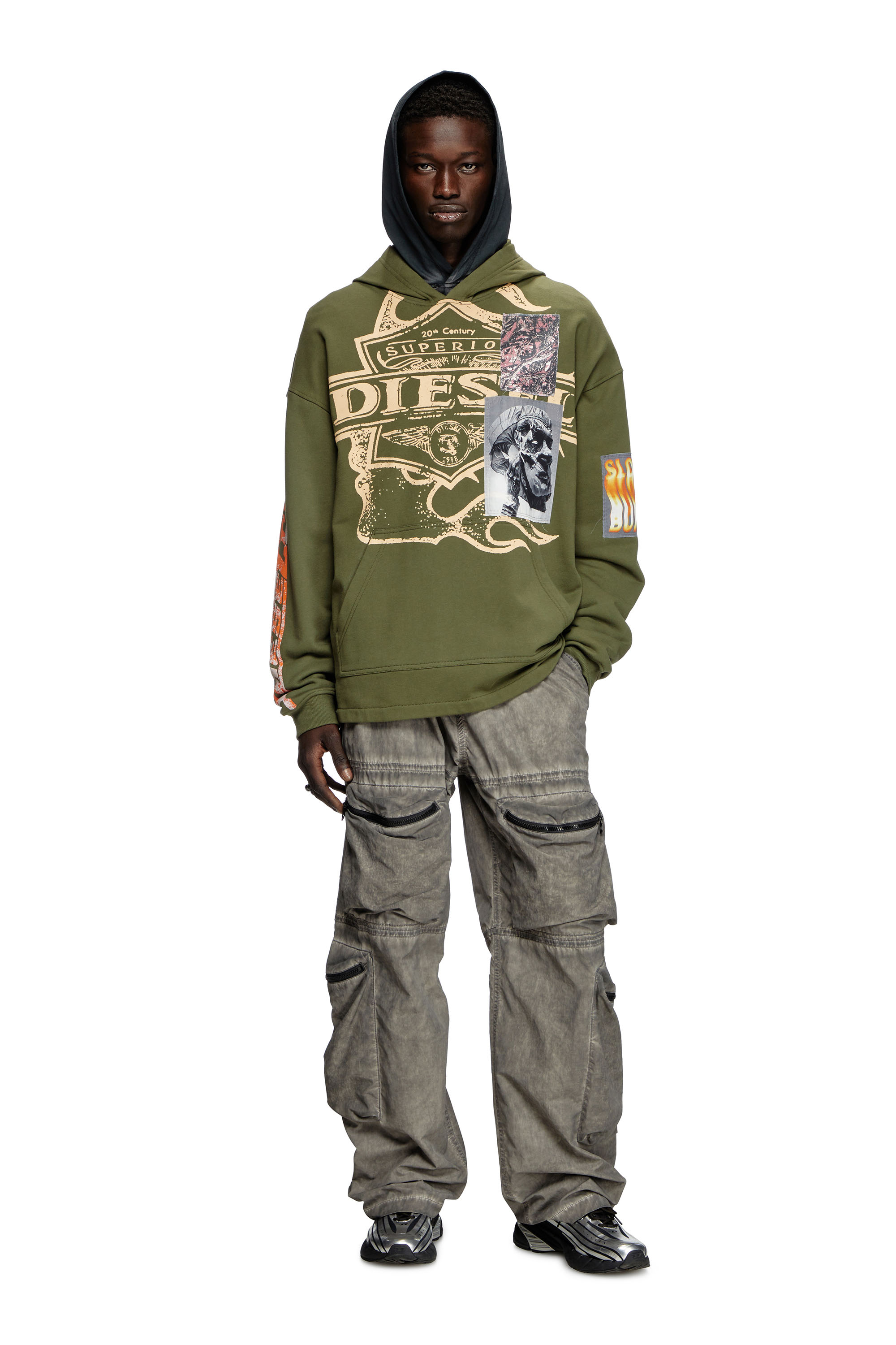 Diesel - S-BAXT-HOOD-R1, Man's Hoodie with prints and logo patches in Olive Green - 2