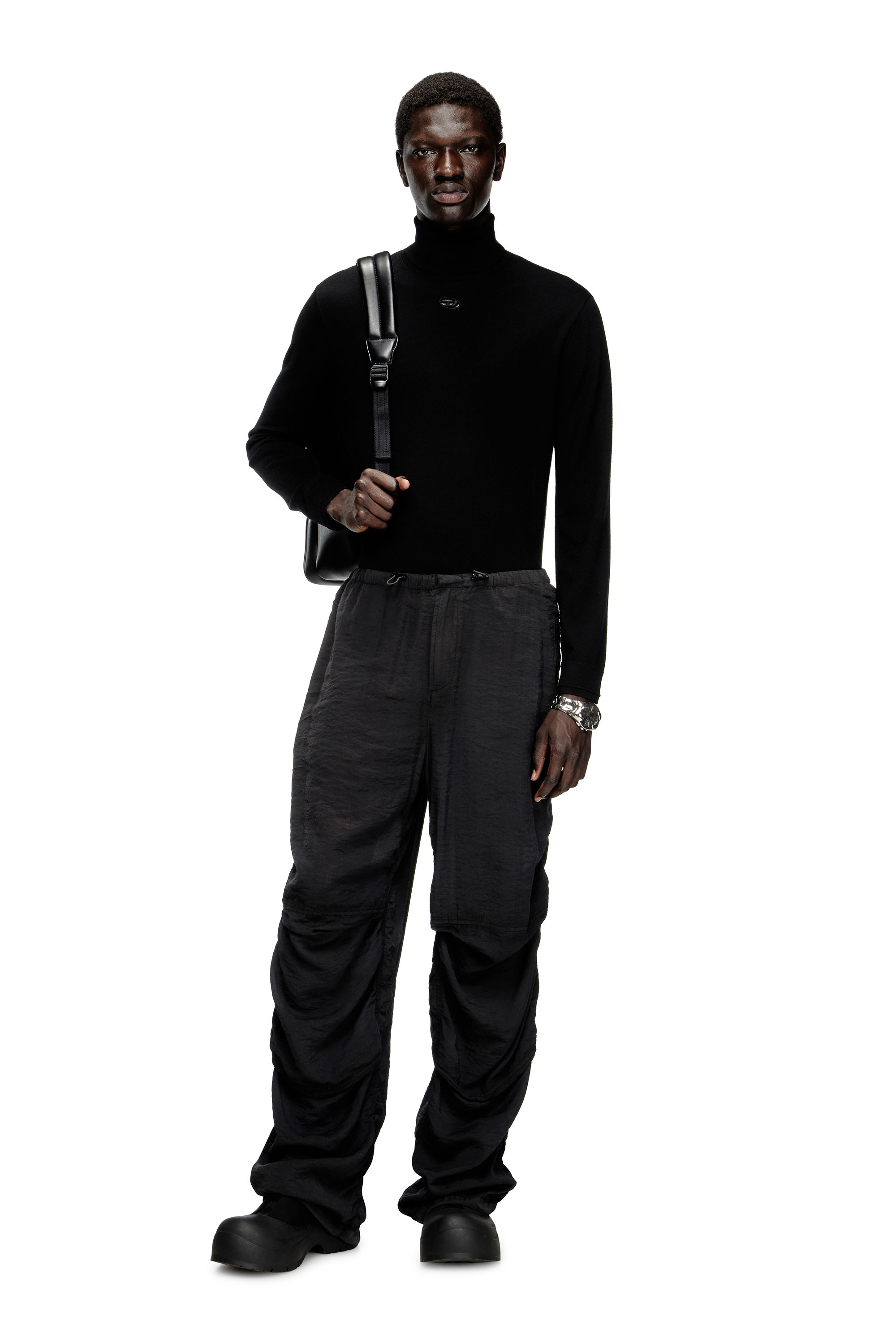 Diesel - K-VARTA, Man's Wool turtleneck jumper with cut-out logo in Black - 2