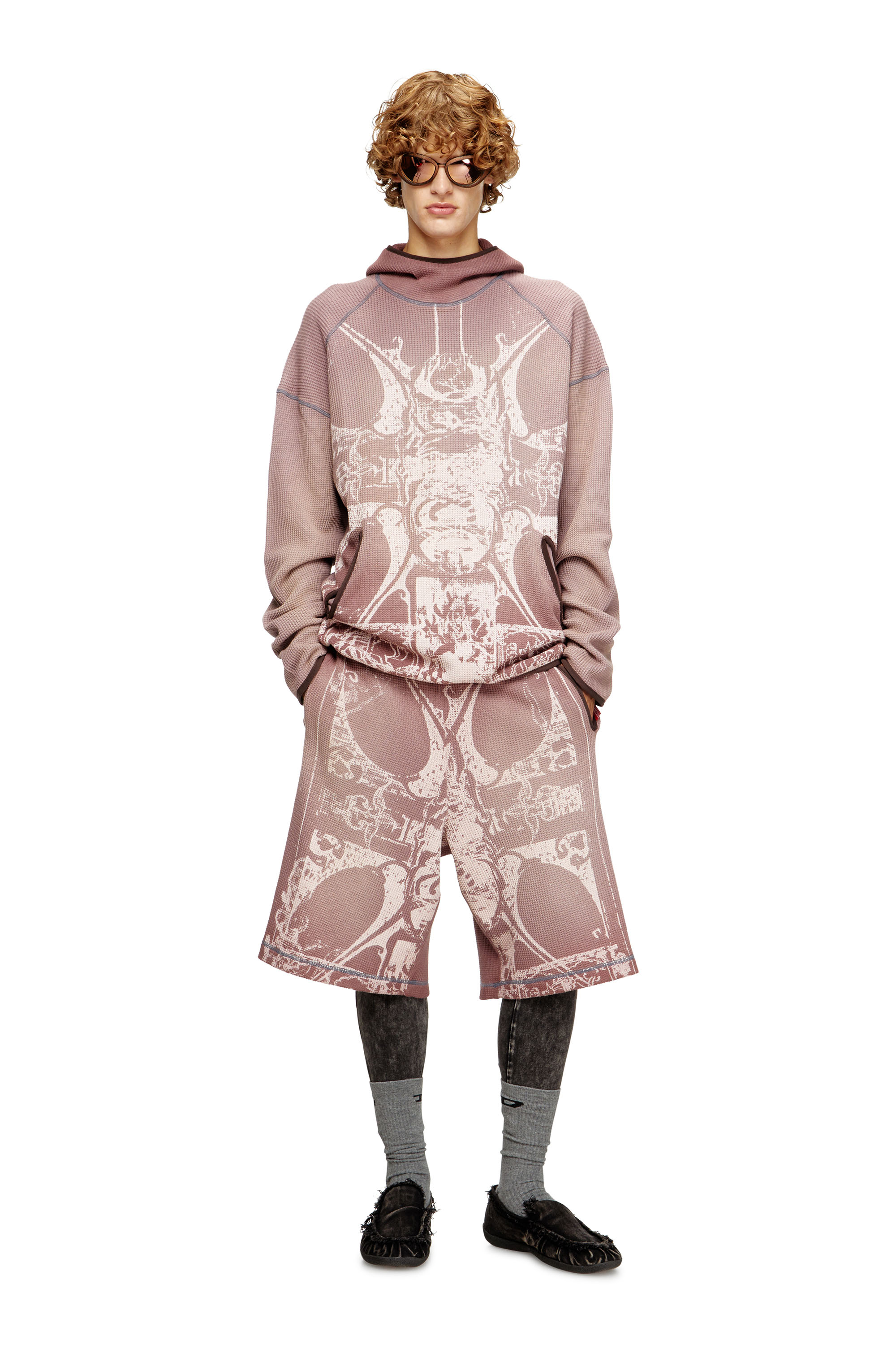 Diesel - P-WARKY-SHORT, Man's Waffle shorts with medieval print in Violet - 2